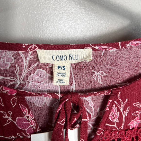 NWT Women's Como Blu 3/4 Sleeve Cottagecore Leaves Red Pink Blouse Boho Small - Picture 4 of 7